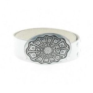 White belt with silver floral buckle